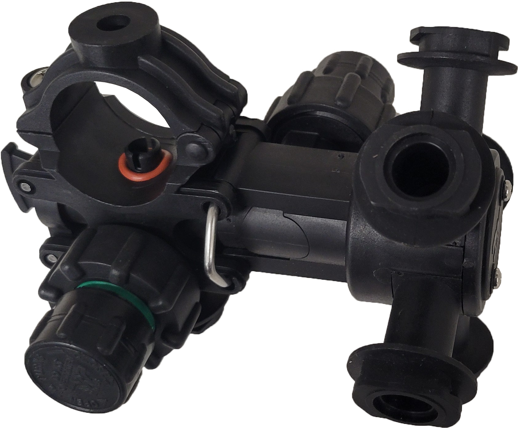 A nozzle body with a single inlet that feeds both a single nozzle outlet and turret that can be used independent of eachother or together. The inlet is shared between two nozzle bodies, and the check valve modules are offset to provide clear indication of which check valve controls each outlet or turret. A common configuration of Case IH AimCommand FLEX and AimCommand FLEX HD enabled sprayers since 2017. A nozzle body with a single inlet that feeds both a single nozzle outlet and turret that can be used independent of eachother or together. The inlet is shared between two nozzle bodies, and the check valve modules are offset to provide clear indication of which check valve controls each outlet or turret. A common configuration of Case IH AimCommand FLEX and AimCommand FLEX HD enabled sprayers since 2017.
